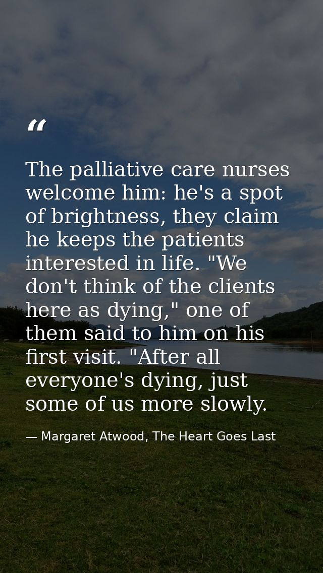 The palliative care nurses welcome him: he's a spot of brightness, they claim he keeps the patients interested in life.  — Margaret Atwood, The Heart Goes Last