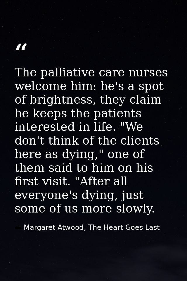 The palliative care nurses welcome him: he's a spot of brightness, they claim he keeps the patients interested in life.  — Margaret Atwood, The Heart Goes Last