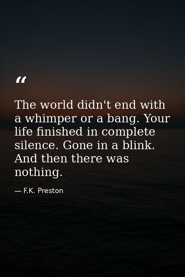 The world didn't end with a whimper or a bang. Your life finished in complete silence. Gone in a blink. And then there w — F.K. Preston