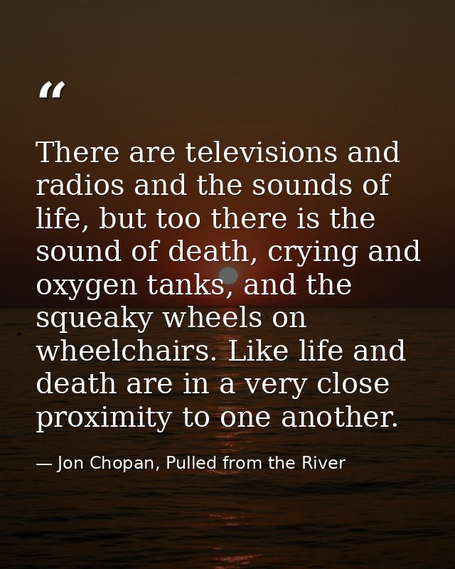 There are televisions and radios and the sounds of life, but too there is the sound of death, crying and oxygen tanks, a — Jon Chopan, Pulled from the River