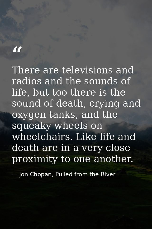 There are televisions and radios and the sounds of life, but too there is the sound of death, crying and oxygen tanks, a — Jon Chopan, Pulled from the River