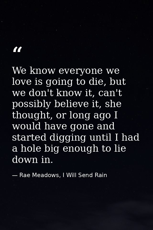 We know everyone we love is going to die, but we don't know it, can't possibly believe it, she thought, or long ago I wo — Rae Meadows, I Will Send Rain