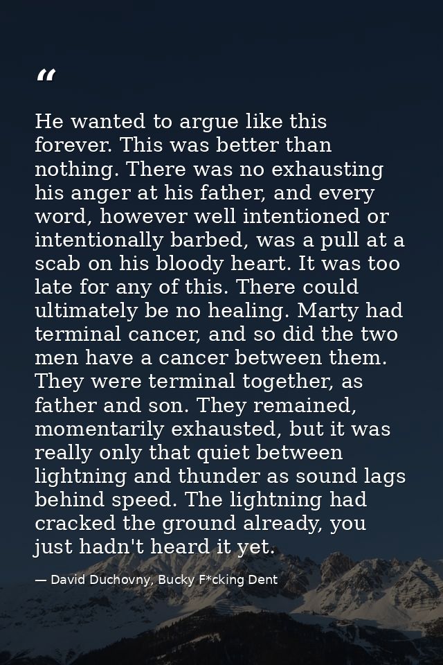 He wanted to argue like this forever. This was better than nothing. There was no exhausting his anger at his father, and — David Duchovny, Bucky F*cking Dent