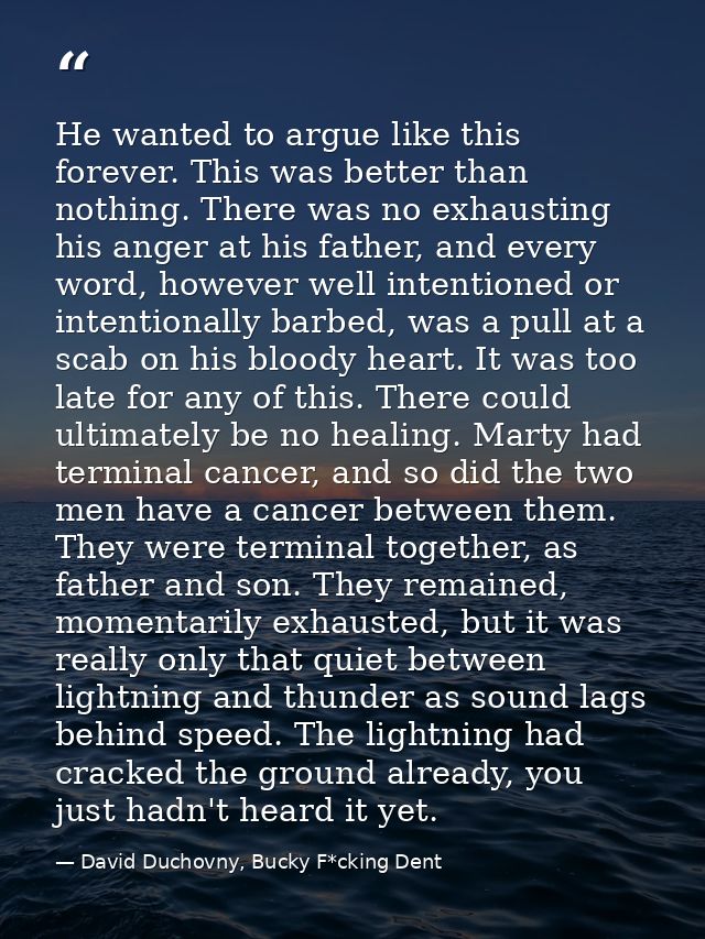 He wanted to argue like this forever. This was better than nothing. There was no exhausting his anger at his father, and — David Duchovny, Bucky F*cking Dent
