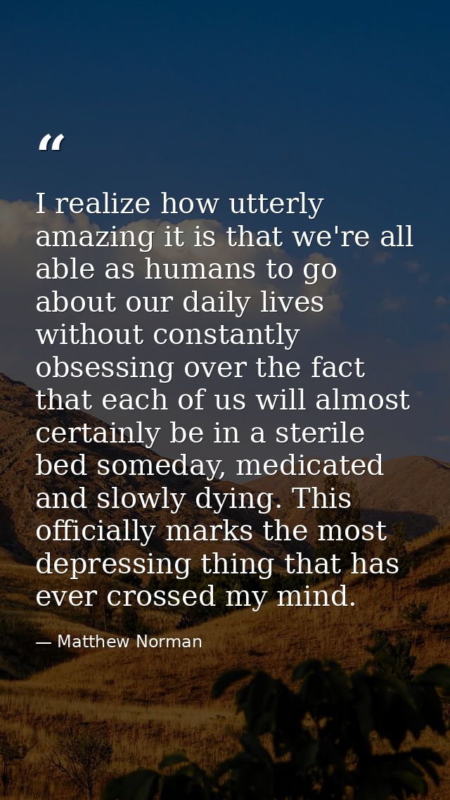 I realize how utterly amazing it is that we're all able as humans to go about our daily lives without constantly obsessi — Matthew Norman