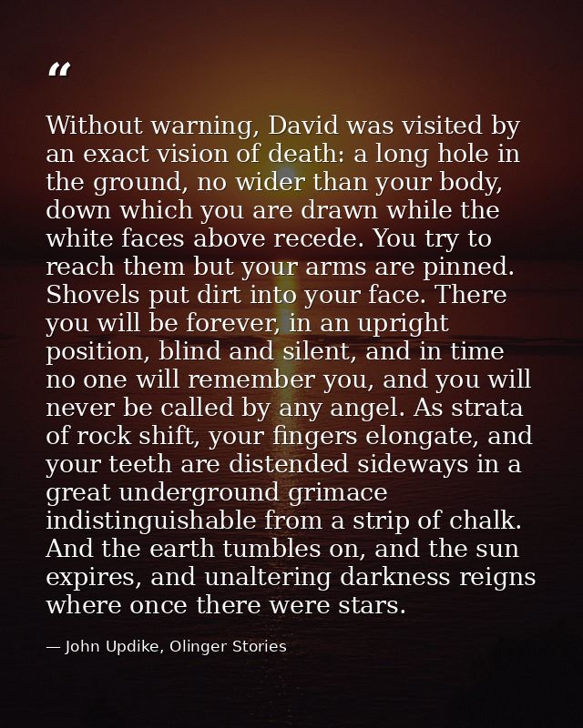 Without warning, David was visited by an exact vision of death: a long hole in the ground, no wider than your body, down — John Updike, Olinger Stories