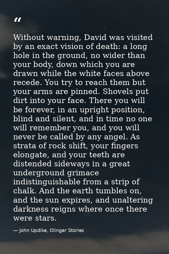 Without warning, David was visited by an exact vision of death: a long hole in the ground, no wider than your body, down — John Updike, Olinger Stories