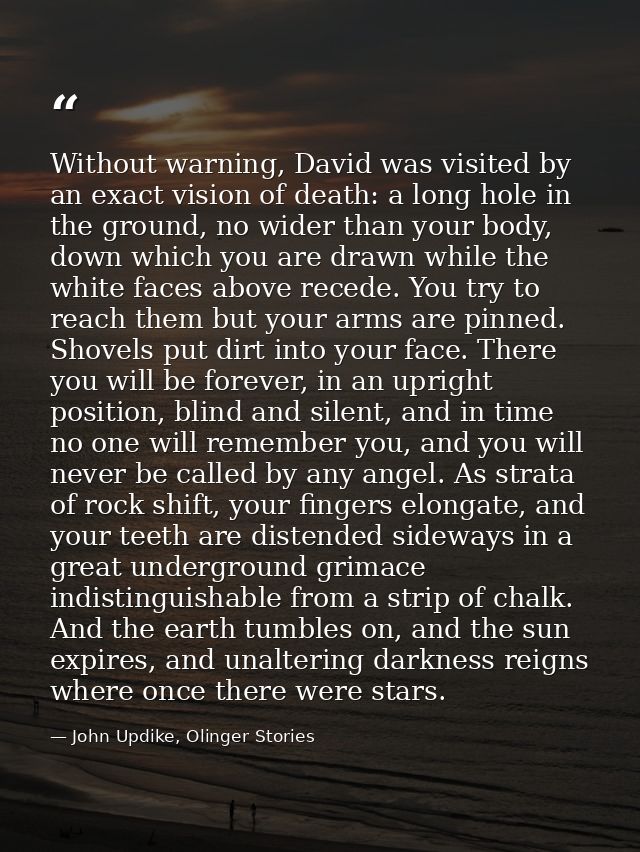 Without warning, David was visited by an exact vision of death: a long hole in the ground, no wider than your body, down — John Updike, Olinger Stories