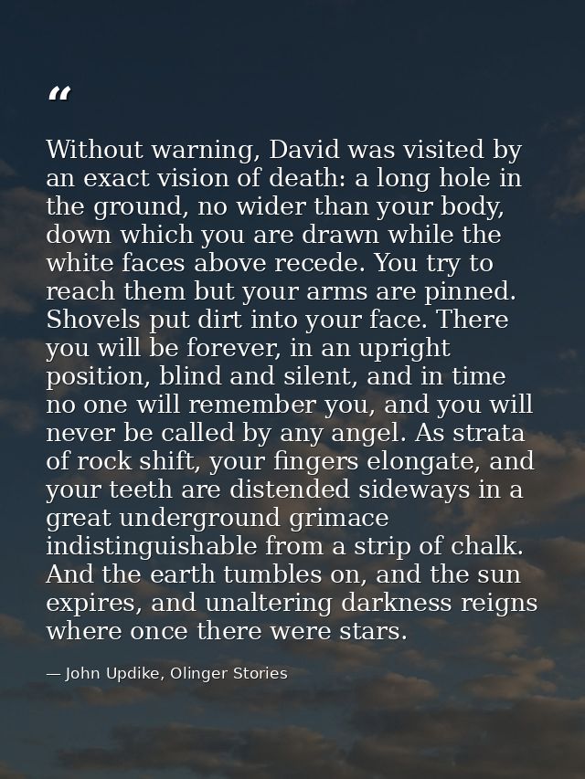 Without warning, David was visited by an exact vision of death: a long hole in the ground, no wider than your body, down — John Updike, Olinger Stories