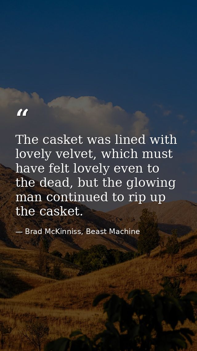 The casket was lined with lovely velvet, which must have felt lovely even to the dead, but the glowing man continued to  — Brad McKinniss, Beast Machine