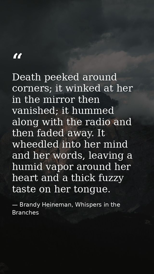 Death peeked around corners; it winked at her in the mirror then vanished; it hummed along with the radio and then faded — Brandy Heineman, Whispers in the Branches