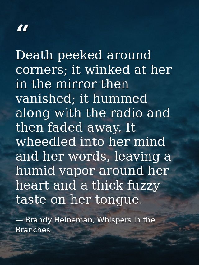 Death peeked around corners; it winked at her in the mirror then vanished; it hummed along with the radio and then faded — Brandy Heineman, Whispers in the Branches
