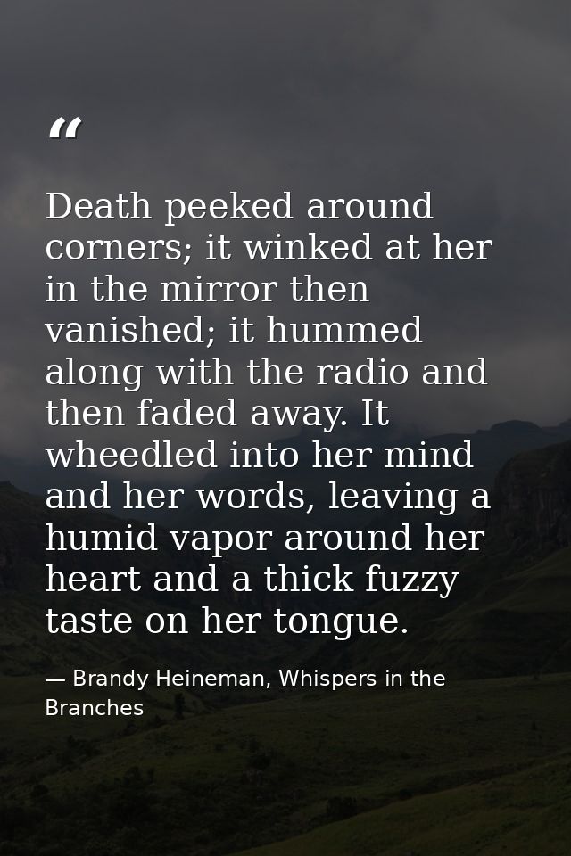 Death peeked around corners; it winked at her in the mirror then vanished; it hummed along with the radio and then faded — Brandy Heineman, Whispers in the Branches