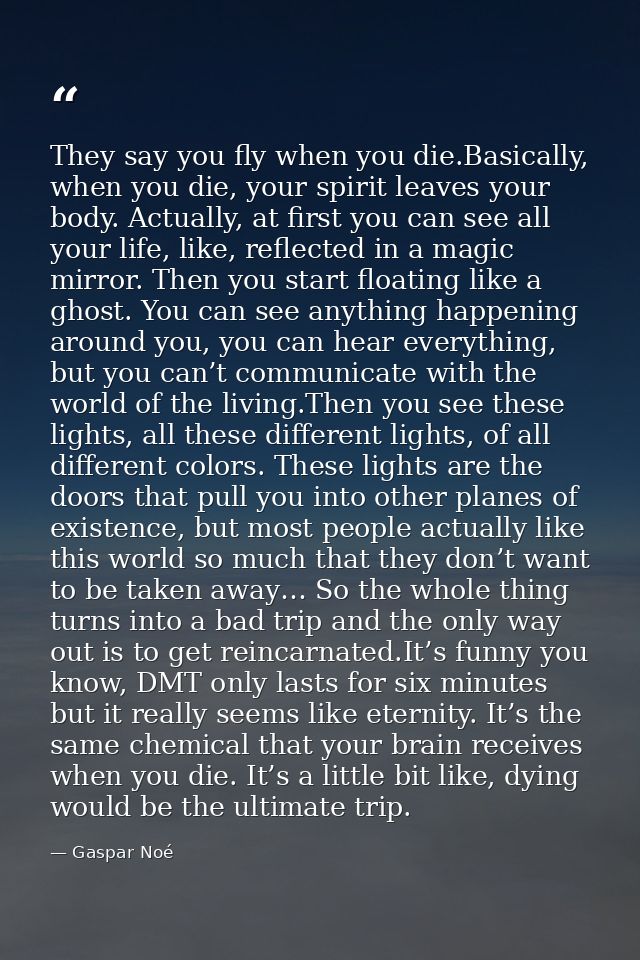 They say you fly when you die.Basically, when you die, your spirit leaves your body. Actually, at first you can see all  — Gaspar Noé