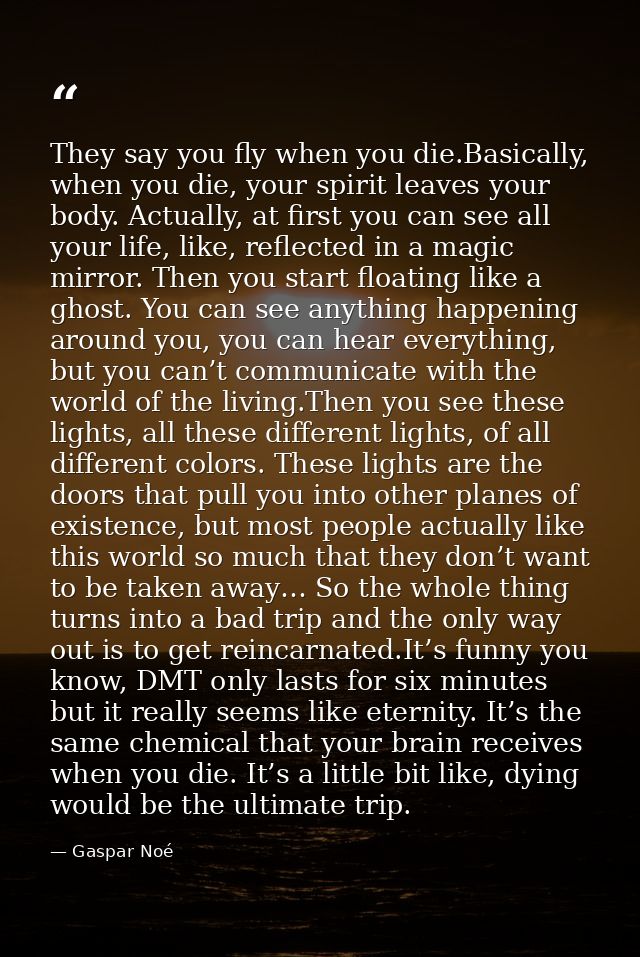 They say you fly when you die.Basically, when you die, your spirit leaves your body. Actually, at first you can see all  — Gaspar Noé