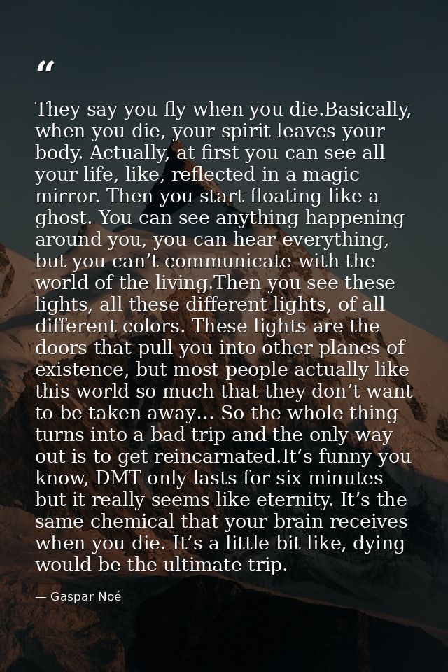 They say you fly when you die.Basically, when you die, your spirit leaves your body. Actually, at first you can see all  — Gaspar Noé