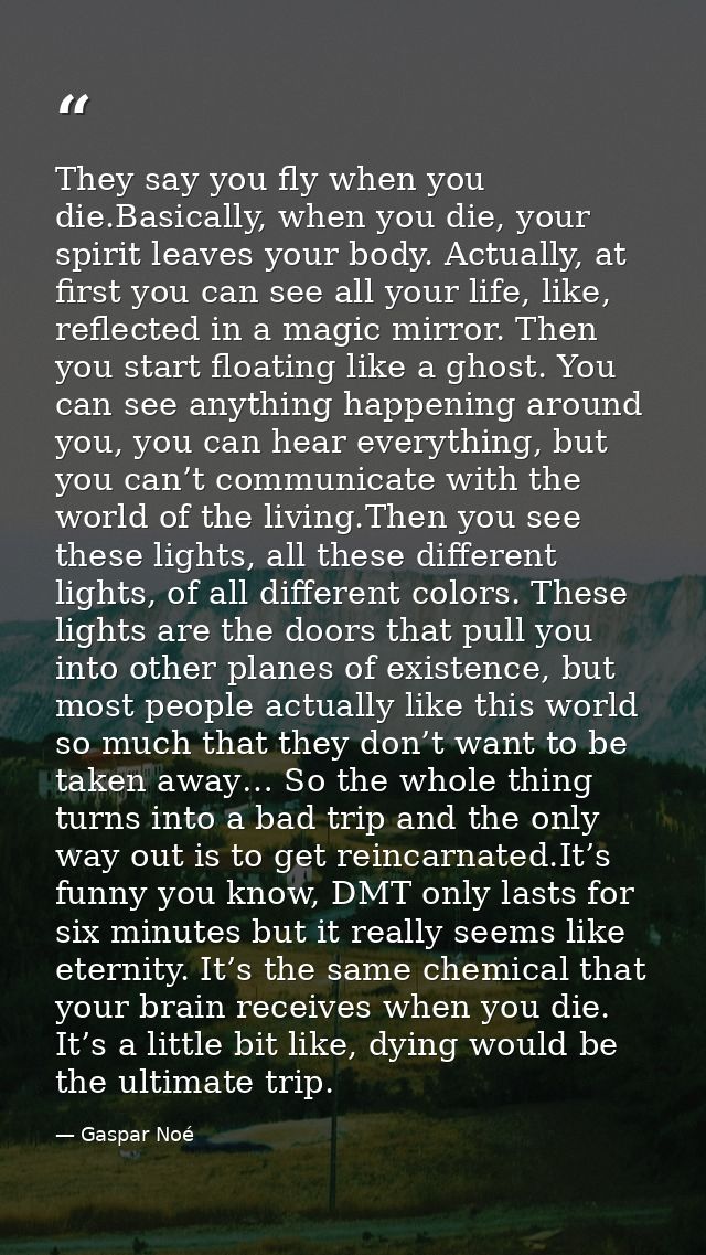 They say you fly when you die.Basically, when you die, your spirit leaves your body. Actually, at first you can see all  — Gaspar Noé