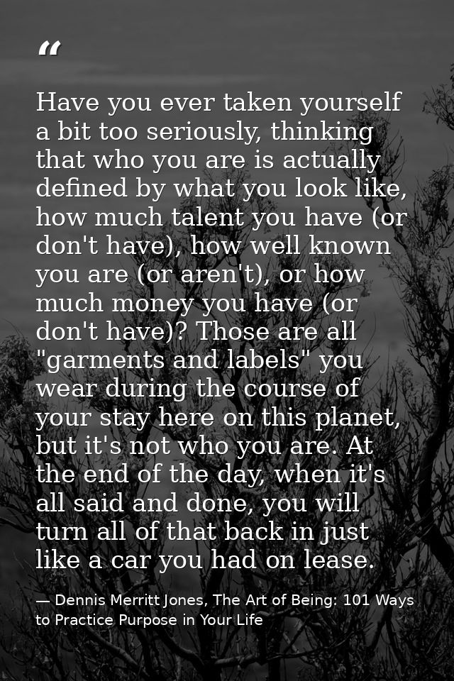Have you ever taken yourself a bit too seriously, thinking that who you are is actually defined by what you look like, h — Dennis Merritt Jones, The Art of Being: 101 Ways to Practice Purpose in Your Life