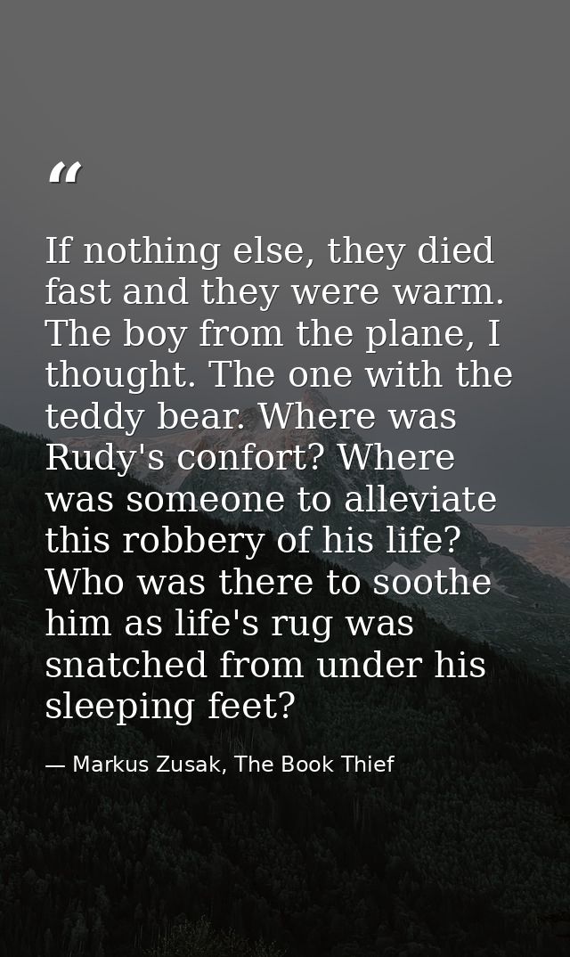 If nothing else, they died fast and they were warm. The boy from the plane, I thought. The one with the teddy bear. Wher — Markus Zusak, The Book Thief