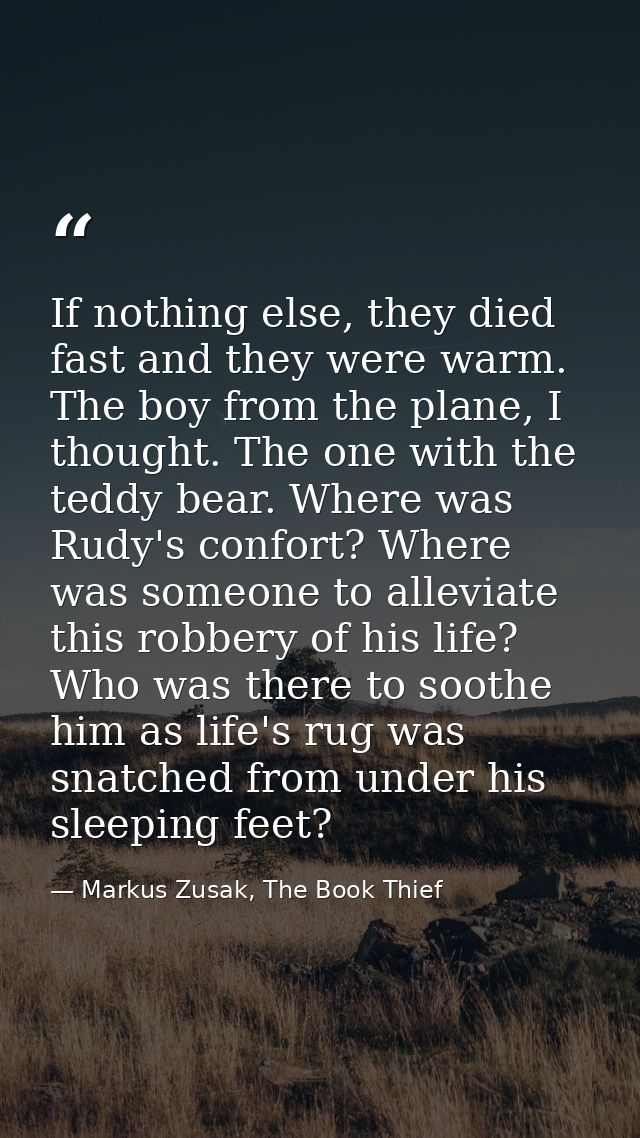 If nothing else, they died fast and they were warm. The boy from the plane, I thought. The one with the teddy bear. Wher — Markus Zusak, The Book Thief