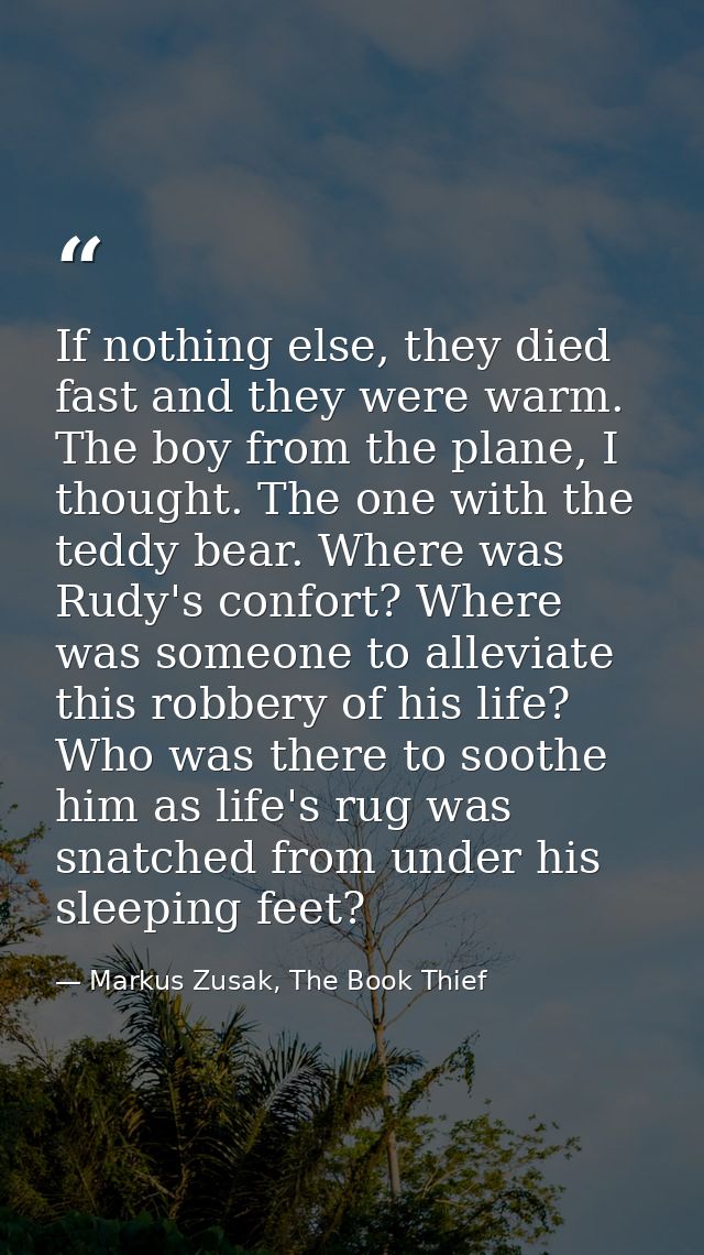If nothing else, they died fast and they were warm. The boy from the plane, I thought. The one with the teddy bear. Wher — Markus Zusak, The Book Thief