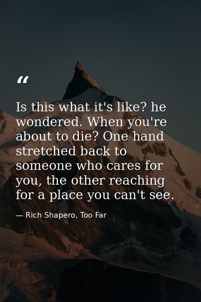 Is this what it's like? he wondered. When you're about to die? One hand stretched back to someone who cares for you, the — Rich Shapero, Too Far