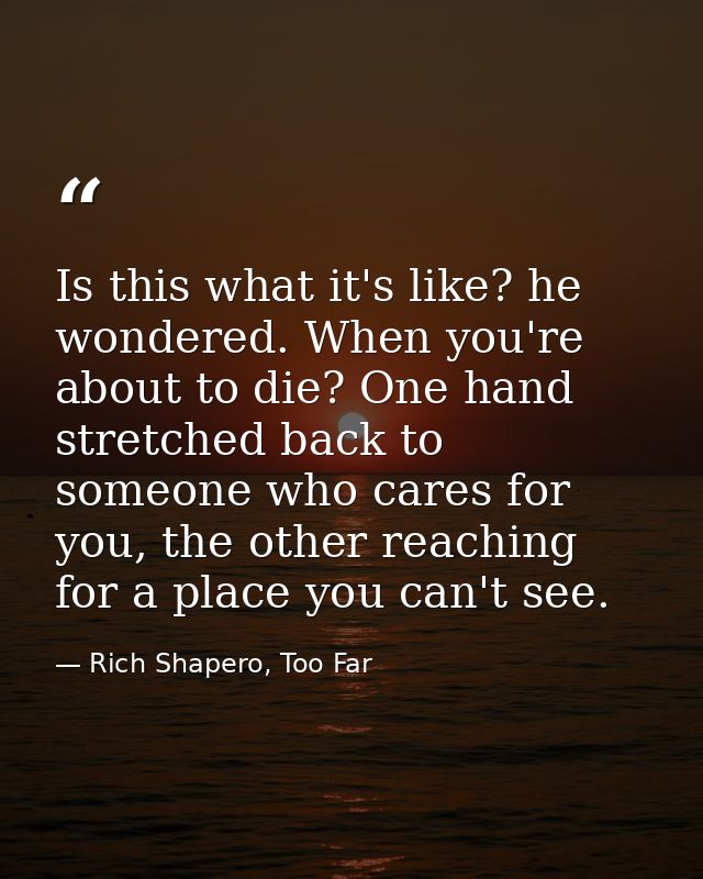 Is this what it's like? he wondered. When you're about to die? One hand stretched back to someone who cares for you, the — Rich Shapero, Too Far
