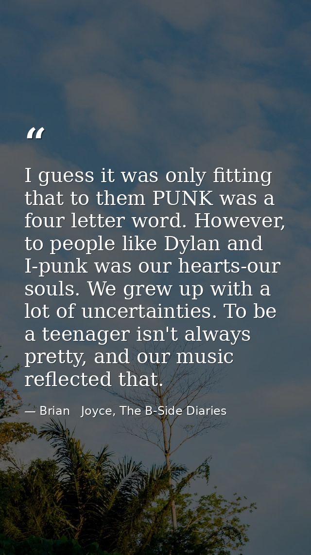 I guess it was only fitting that to them PUNK was a four letter word. However, to people like Dylan and I-punk was our h — Brian   Joyce, The B-Side Diaries