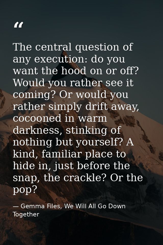 The central question of any execution: do you want the hood on or off? Would you rather see it coming? Or would you rath — Gemma Files, We Will All Go Down Together