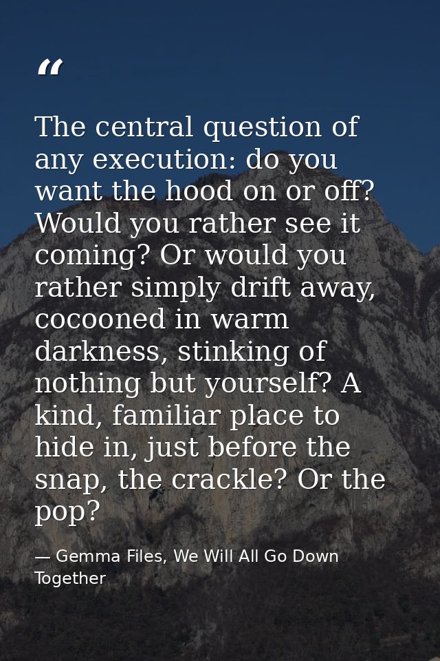 The central question of any execution: do you want the hood on or off? Would you rather see it coming? Or would you rath — Gemma Files, We Will All Go Down Together