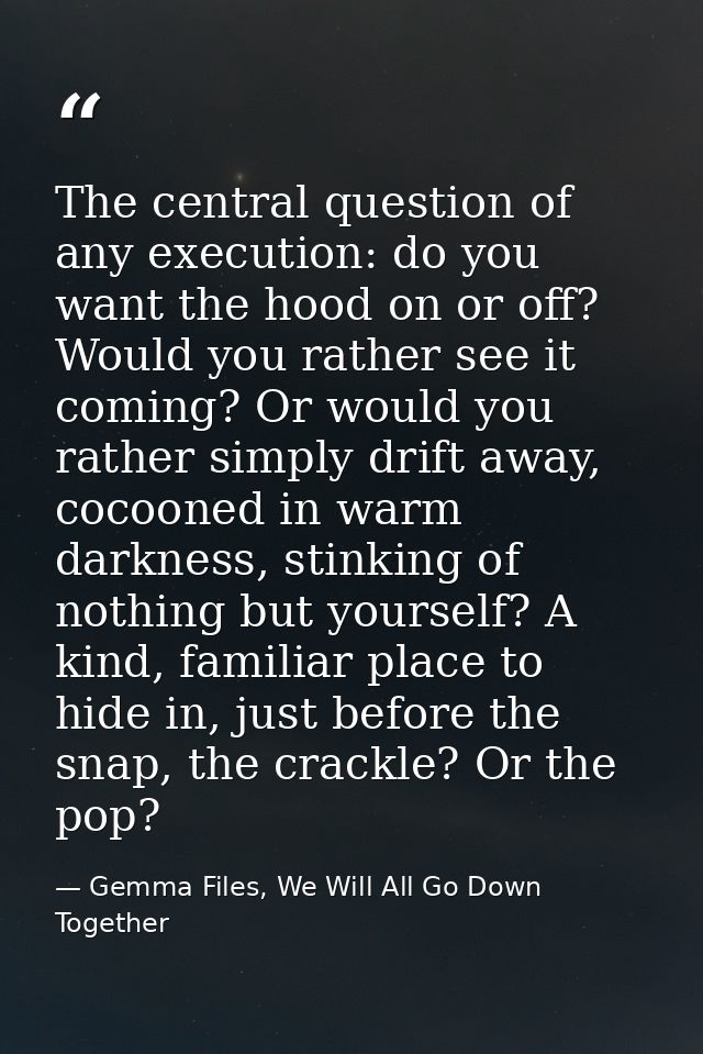 The central question of any execution: do you want the hood on or off? Would you rather see it coming? Or would you rath — Gemma Files, We Will All Go Down Together