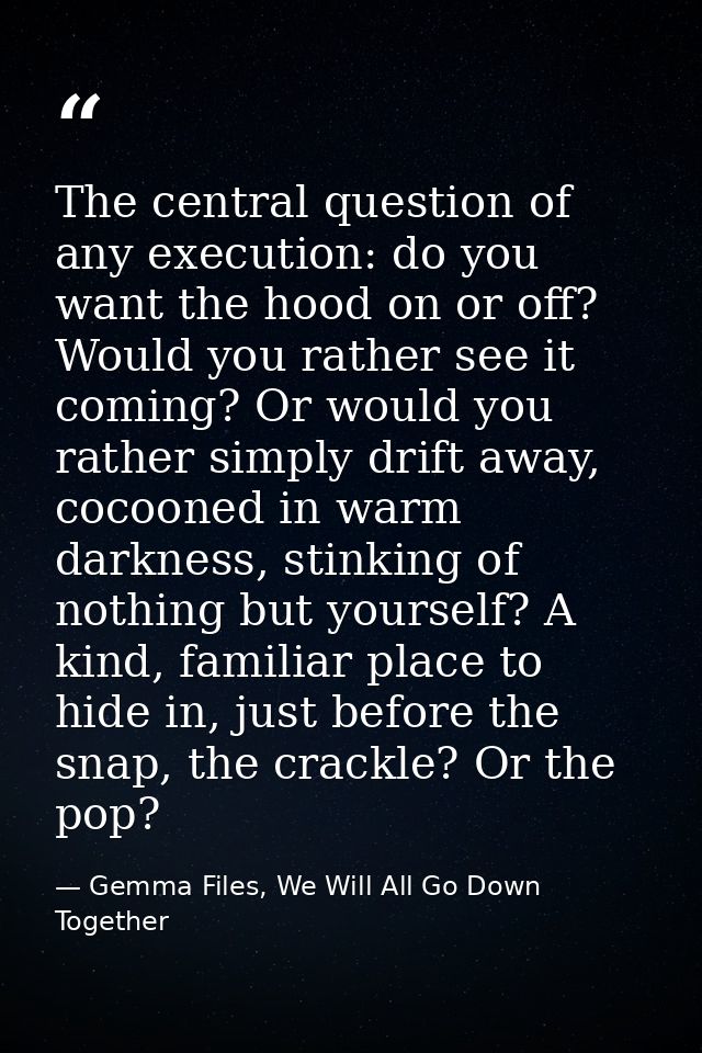 The central question of any execution: do you want the hood on or off? Would you rather see it coming? Or would you rath — Gemma Files, We Will All Go Down Together