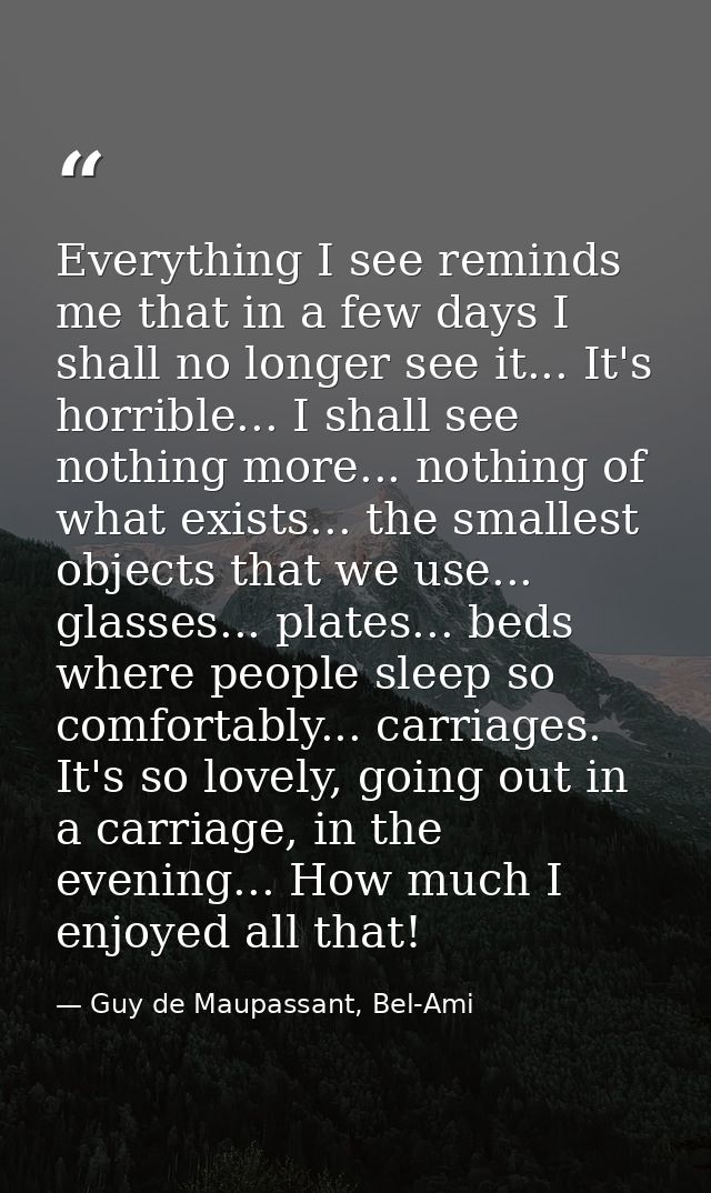 Everything I see reminds me that in a few days I shall no longer see it... It's horrible... I shall see nothing more...  — Guy de Maupassant, Bel-Ami