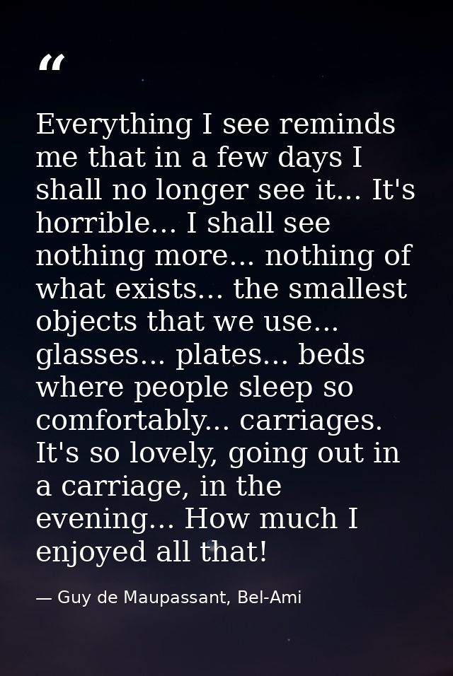 Everything I see reminds me that in a few days I shall no longer see it... It's horrible... I shall see nothing more...  — Guy de Maupassant, Bel-Ami