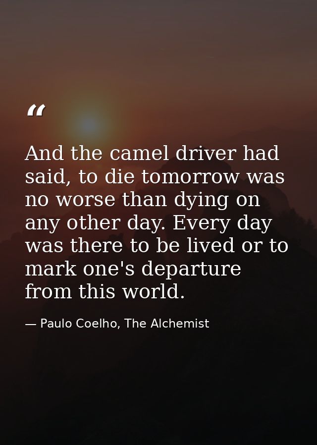 And the camel driver had said, to die tomorrow was no worse than dying on any other day. Every day was there to be lived — Paulo Coelho, The Alchemist