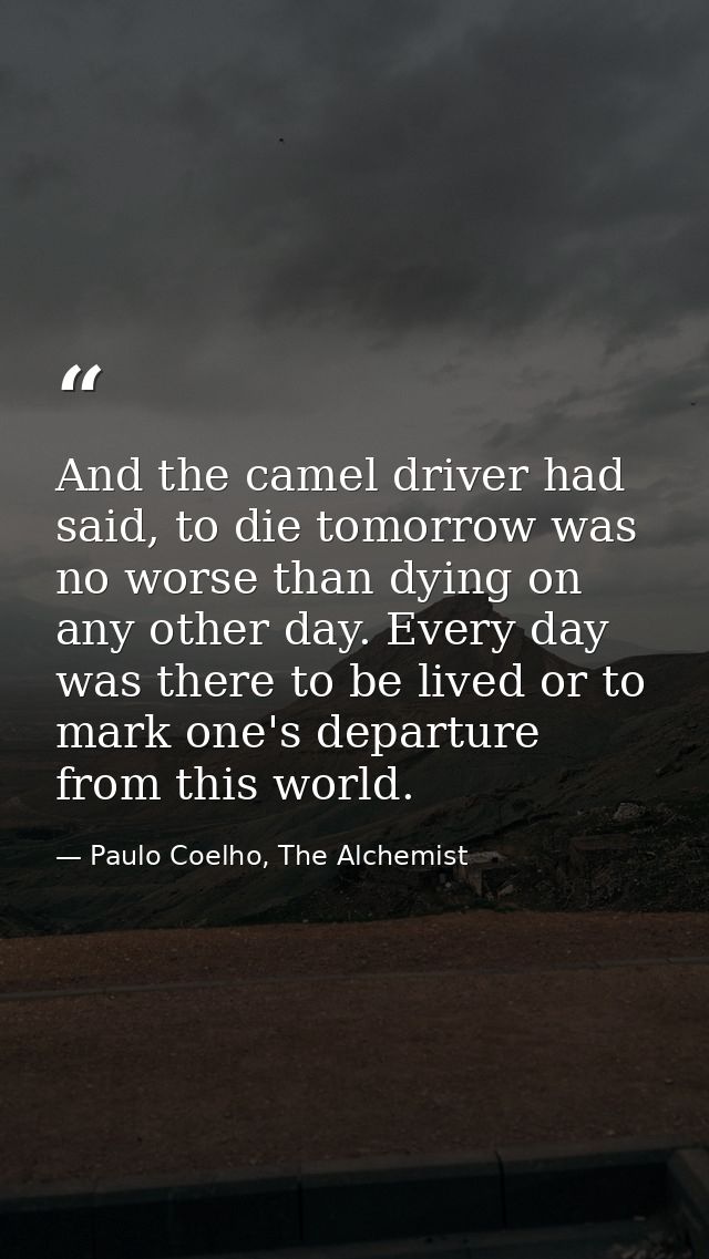 And the camel driver had said, to die tomorrow was no worse than dying on any other day. Every day was there to be lived — Paulo Coelho, The Alchemist