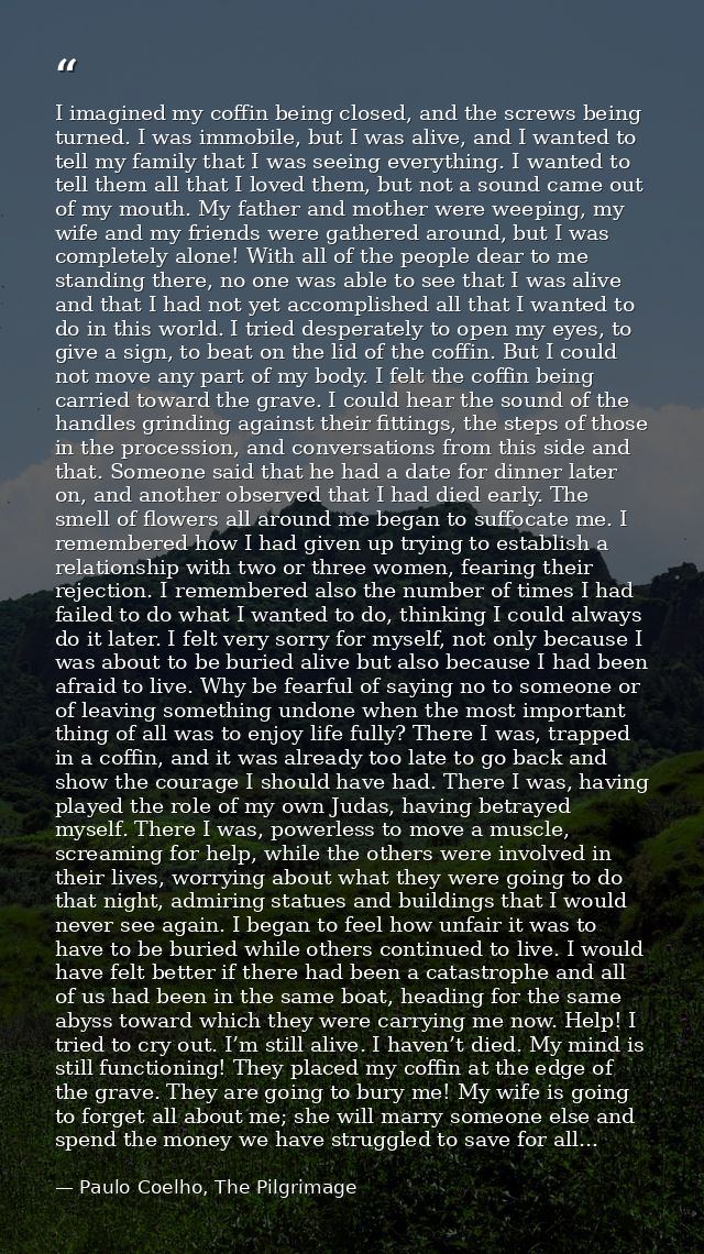 I imagined my coffin being closed, and the screws being turned. I was immobile, but I was alive, and I wanted to tell my — Paulo Coelho, The Pilgrimage