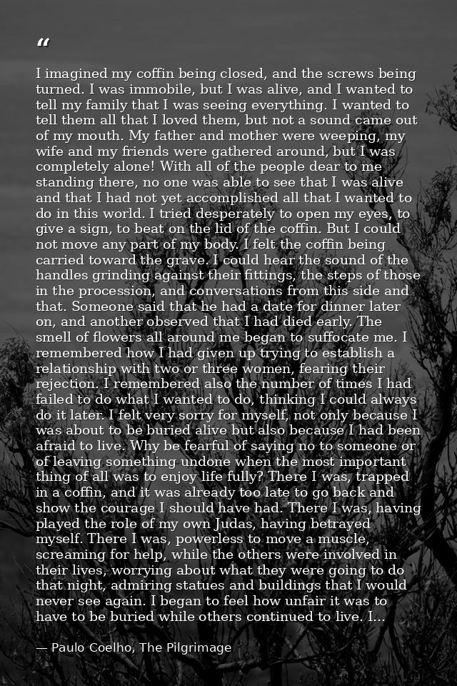 I imagined my coffin being closed, and the screws being turned. I was immobile, but I was alive, and I wanted to tell my — Paulo Coelho, The Pilgrimage