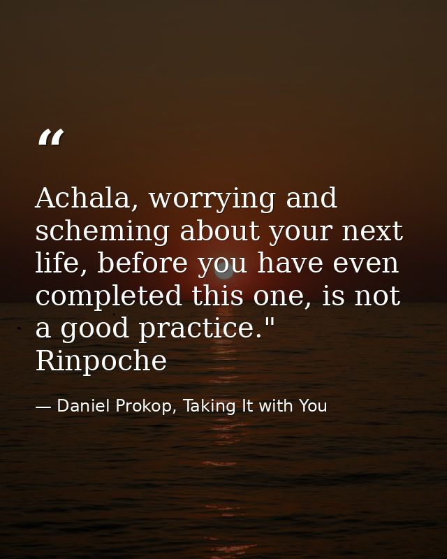 Achala, worrying and scheming about your next life, before you have even completed this one, is not a good practice." Ri — Daniel Prokop, Taking It with You