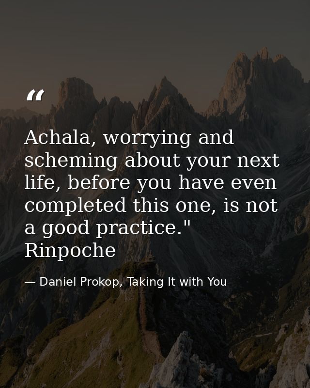Achala, worrying and scheming about your next life, before you have even completed this one, is not a good practice." Ri — Daniel Prokop, Taking It with You