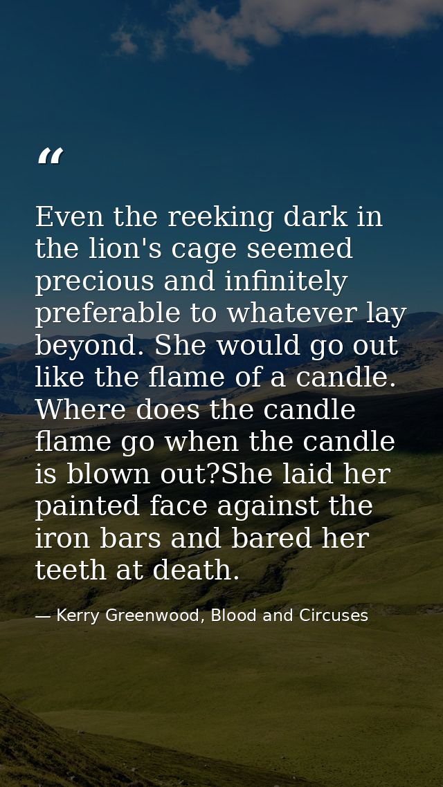 Even the reeking dark in the lion's cage seemed precious and infinitely preferable to whatever lay beyond. She would go  — Kerry Greenwood, Blood and Circuses