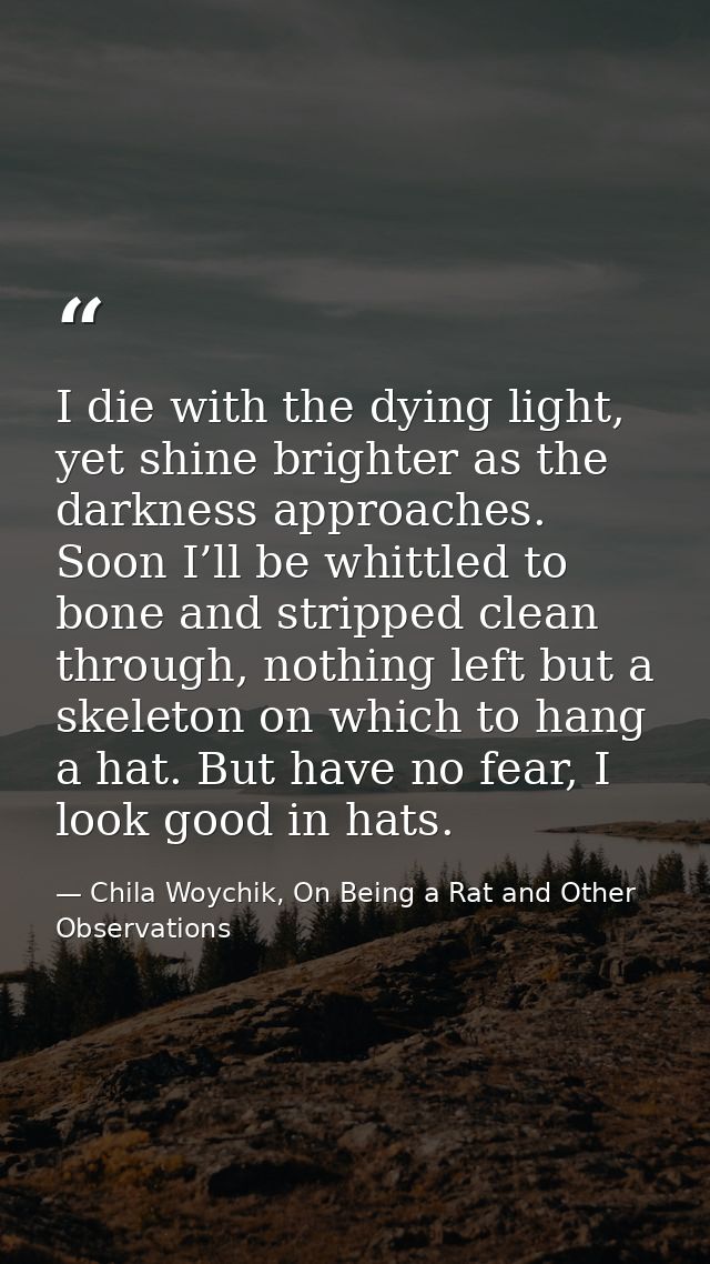 I die with the dying light, yet shine brighter as the darkness approaches. Soon I’ll be whittled to bone and stripped cl — Chila Woychik, On Being a Rat and Other Observations