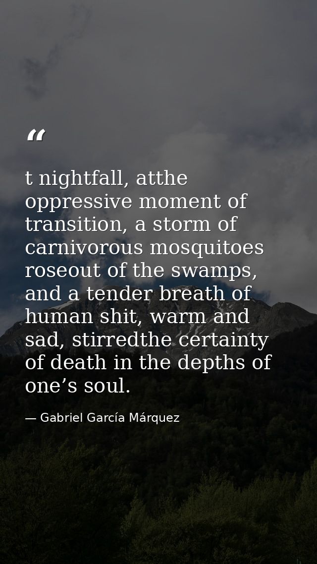 t nightfall, atthe oppressive moment of transition, a storm of carnivorous mosquitoes roseout of the swamps, and a tende — Gabriel García Márquez