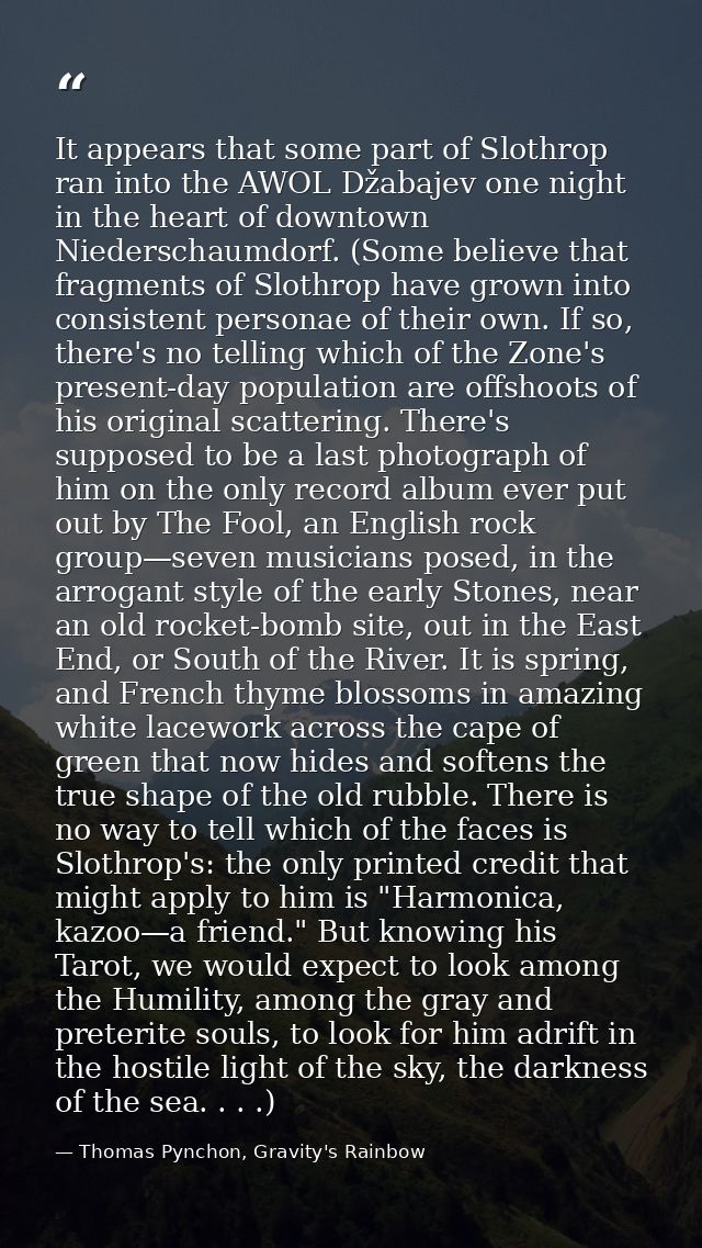 It appears that some part of Slothrop ran into the AWOL Džabajev one night in the heart of downtown Niederschaumdorf. (S — Thomas Pynchon, Gravity's Rainbow
