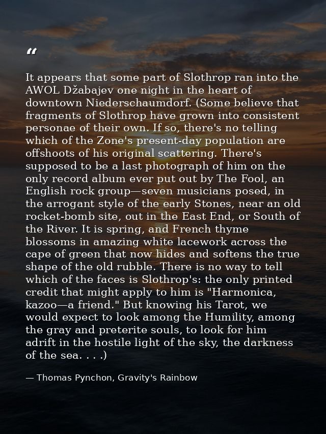 It appears that some part of Slothrop ran into the AWOL Džabajev one night in the heart of downtown Niederschaumdorf. (S — Thomas Pynchon, Gravity's Rainbow