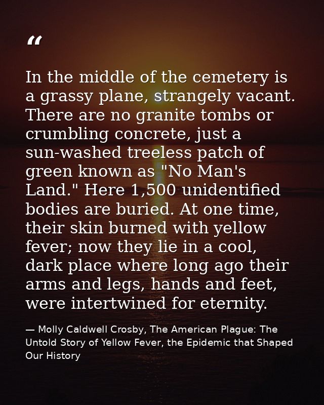 In the middle of the cemetery is a grassy plane, strangely vacant. There are no granite tombs or crumbling concrete, jus — Molly Caldwell Crosby, The American Plague: The Untold Story of Yellow Fever, the Epidemic that Shaped Our History