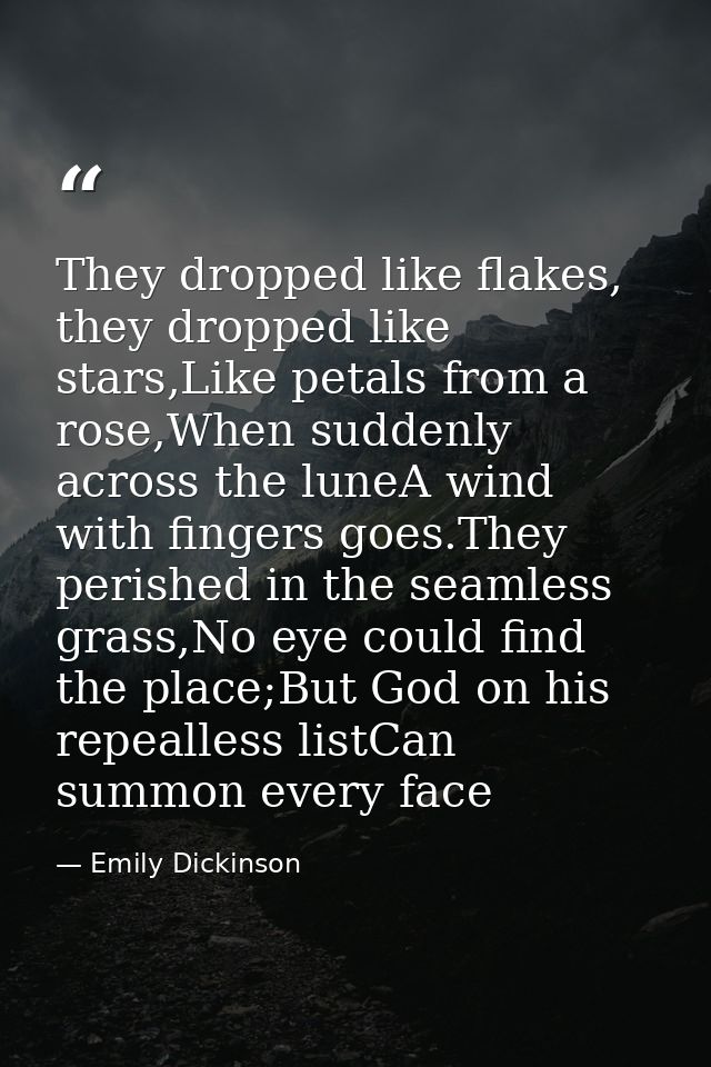 They dropped like flakes, they dropped like stars,Like petals from a rose,When suddenly across the luneA wind with finge — Emily Dickinson