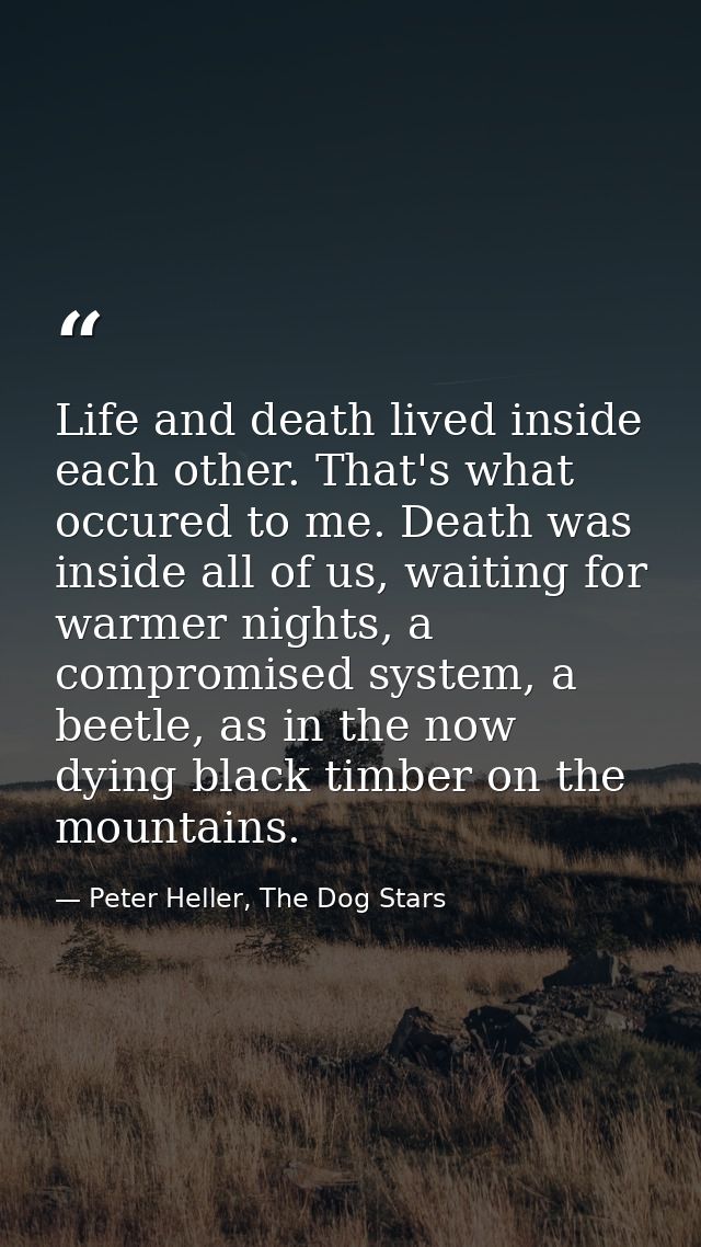 Life and death lived inside each other. That's what occured to me. Death was inside all of us, waiting for warmer nights — Peter Heller, The Dog Stars