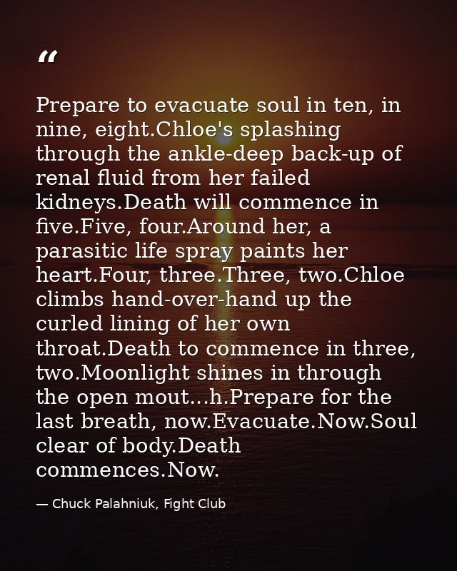 Prepare to evacuate soul in ten, in nine, eight.Chloe's splashing through the ankle-deep back-up of renal fluid from her — Chuck Palahniuk, Fight Club