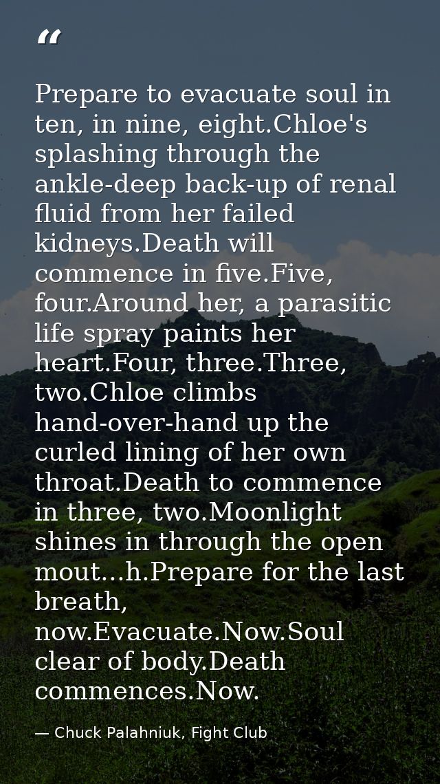 Prepare to evacuate soul in ten, in nine, eight.Chloe's splashing through the ankle-deep back-up of renal fluid from her — Chuck Palahniuk, Fight Club